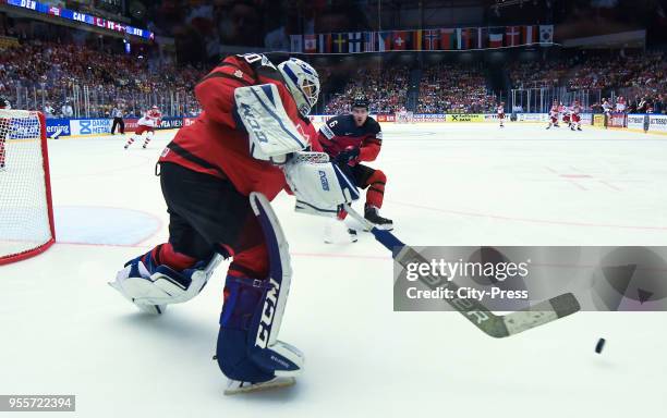 Curtis McElhinney of Team Canada during the IIHF World Championship game between Canada and Denmark at Jyske Bank Boxen on May 7, 2018 in Herning,...