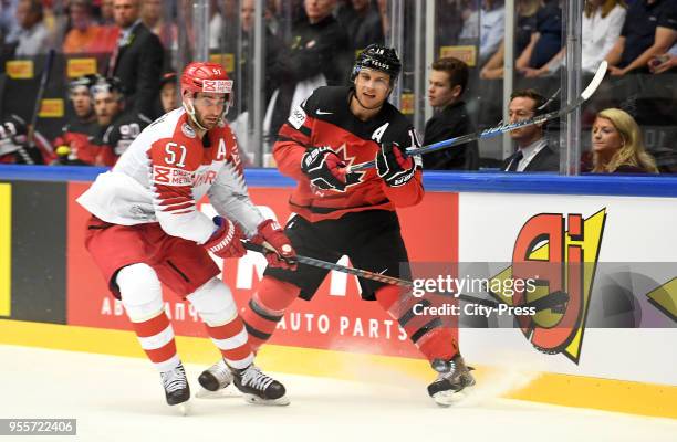 Frans Nielsen of Team Denmark and Brayden Schenn of Team Canada during the IIHF World Championship game between Canada and Denmark at Jyske Bank...