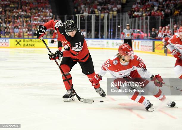 Bo Horvat of Team Canada and Philip Larsen of Team Denmark during the IIHF World Championship game between Canada and Denmark at Jyske Bank Boxen on...
