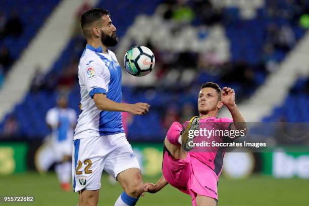 Dimitrios Siovas of Leganes, Enis Bardhi of Levante during the La Liga Santander match between Leganes v Levante at the Estadio Municipal de Butarque...