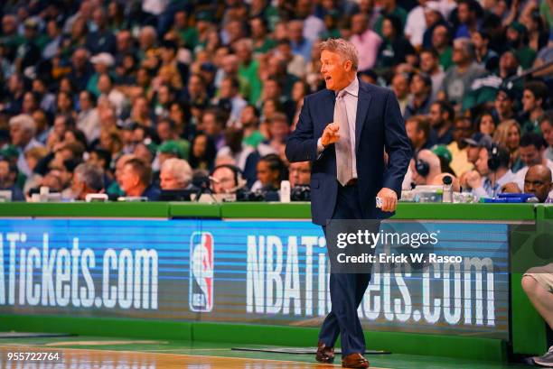 Playoffs: Philadelphia 76ers coach Brett Brown on sidelines during game vs Boston Celtics at TD Garden. Game 2. Boston, MA 5/3/2018 CREDIT: Erick W....