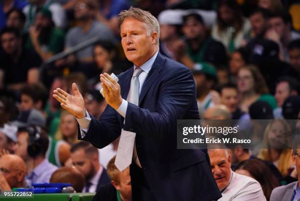 Playoffs: Philadelphia 76ers coach Brett Brown during game vs Boston Celtics at TD Garden. Game 2. Boston, MA 5/3/2018 CREDIT: Erick W. Rasco