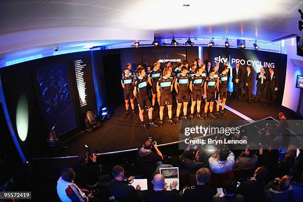 Team Sky Pro Cycling Team riders including Bradley Wiggins are presented to the media at the Team Sky Launch at Millbank Tower on January 4, 2010 in...