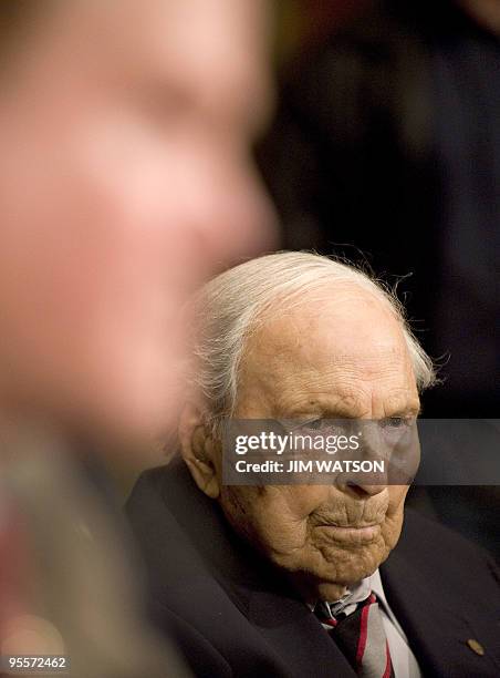 The last surviving American World War I veteran, 108-year-old Frank Buckles speaks before the Senate Energy and Natural Resources subcommittee on...