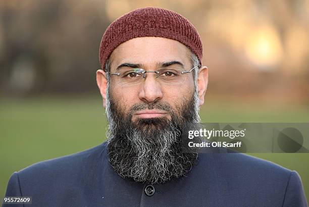 Anjem Choudary, a member of the pro-Islamic group 'Islam4UK', poses for photographs in front of the Houses of Parliament on January 4, 2010 in...