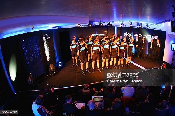 Team Sky Pro Cycling Team riders including Bradley Wiggins are presented to the media at the Team Sky Launch at Millbank Tower on January 4, 2010 in...