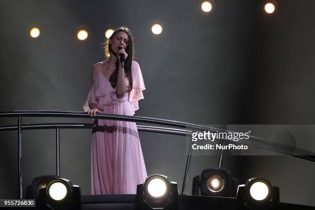 Singer Ieva Zasimauskaite of Lithuania performs during the Dress Rehearsal of the first Semi-Final of the 2018 Eurovision Song Contest, at the Altice...
