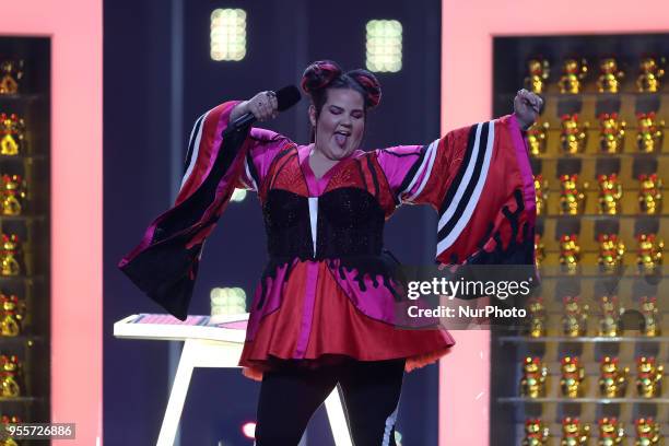 Singer Netta of Israel performs during the Dress Rehearsal of the first Semi-Final of the 2018 Eurovision Song Contest, at the Altice Arena in...