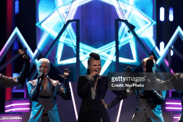 Singer Saara Aalto of Finland performs during the Dress Rehearsal of the first Semi-Final of the 2018 Eurovision Song Contest, at the Altice Arena in...