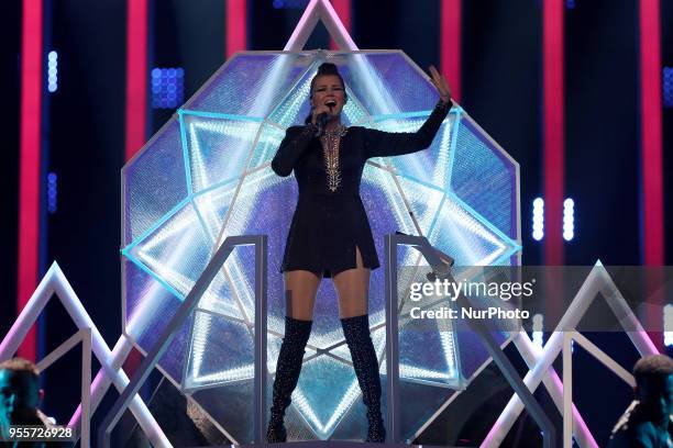 Singer Saara Aalto of Finland performs during the Dress Rehearsal of the first Semi-Final of the 2018 Eurovision Song Contest, at the Altice Arena in...