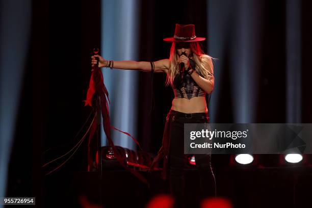 Singer ZiBBZ of Switzerland performs during the Dress Rehearsal of the first Semi-Final of the 2018 Eurovision Song Contest, at the Altice Arena in...