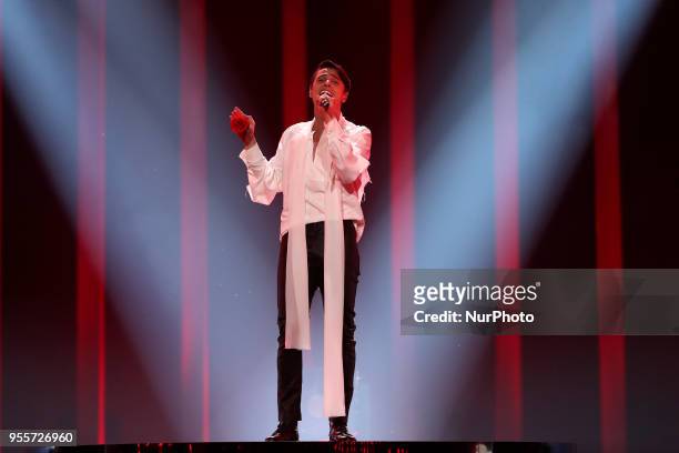 Singer ALEKSEEV of Belarus performs during the Dress Rehearsal of the first Semi-Final of the 2018 Eurovision Song Contest, at the Altice Arena in...