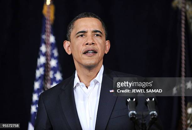 President Barack Obama makes a statement at the Marine Corp Base in Kaneohe, Hawaii, December 28, 2009 on a failed bid to blow up a US-bound...