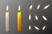 Vector 3d realistic white and orange paraffin or wax burning party candle and different flame of a candle icon set closeup isolated on transparency grid background. Design template, clipart for graphics