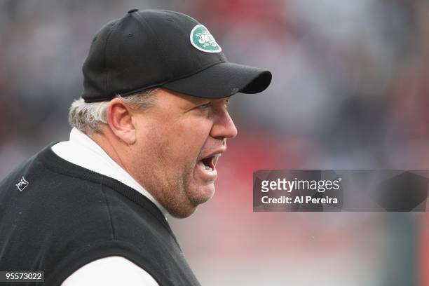 Head Coach Rex Ryan of the New York Jets reacts to a missed field goal against the Atlanta Falcons at Giants Stadium on December 20, 2009 in East...