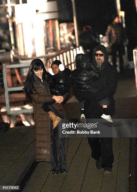 Angelina Jolie, Zahara Jolie-Pitt, Shiloh Jolie-Pitt and Brad Pitt are seen on location for "Salt" in Manhattan on December 29, 2009 in New York City.