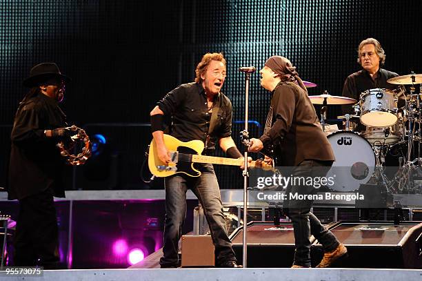 Clarence Clemons, Bruce Springsteen, Steven Van Zandt and Max Weinberg of the E street band perform at San Siro stadium on June 25, 2008 in Milan,...