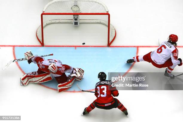 Ryan Nugent Hopkins of Canada scores the 6th goal over Denmark during the 2018 IIHF Ice Hockey World Championship group stage game between Canada and...