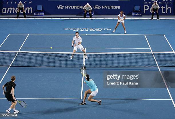 Laura Robson and Andy Murray of Great Britain compete in their mixed doubles game against Yaroslava Shvedova and Andrey Golubev of Kazakhstan in the...