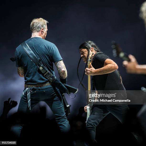 James Hetfield and Robert Trujillo of Metallica performs during their "WorldWired" tour at the Ericsson Globe Arena on May 7, 2018 in Stockholm,...