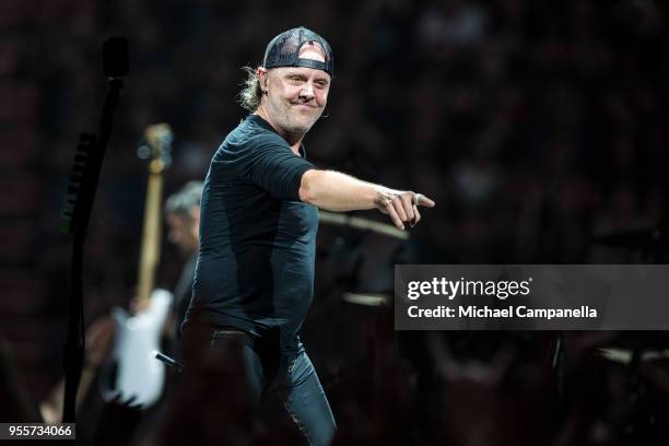 Lars Ulrich of Metallica performs during their "WorldWired" tour at the Ericsson Globe Arena on May 7, 2018 in Stockholm, Sweden.