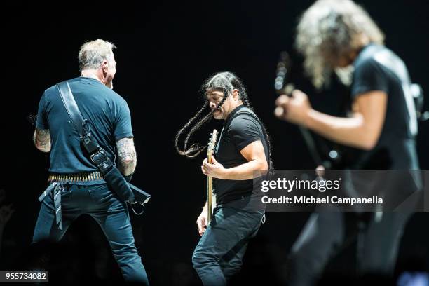 James Hetfield and Robert Trujillo of Metallica performs during their "WorldWired" tour at the Ericsson Globe Arena on May 7, 2018 in Stockholm,...