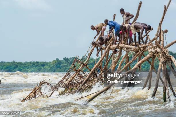 fishermen at the wagenia falls, kisangani, congo river - rapids river stock pictures, royalty-free photos & images