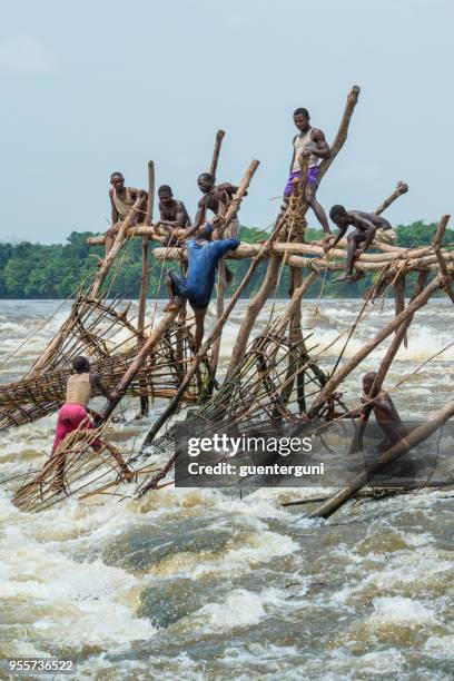 les pêcheurs au wagenia falls, de kisangani, fleuve congo - kisangani photos et images de collection