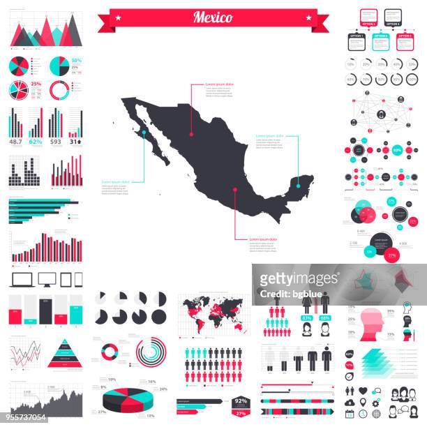 ilustraciones, imágenes clip art, dibujos animados e iconos de stock de mapa de méxico con elementos de infografía - gran conjunto gráfico creativo - mexico map
