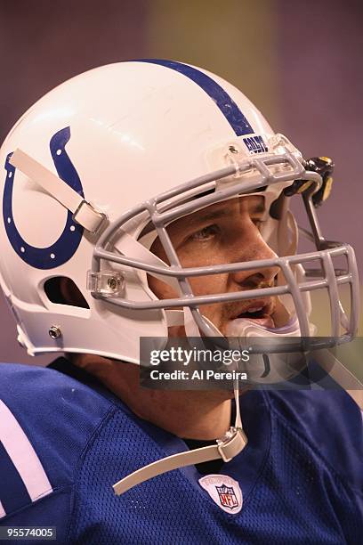 Tight End Dallas Clark of the Indianapolis Colts watches the action against the New York Jets when the Colts host the New York Jets at Lucas Oil...