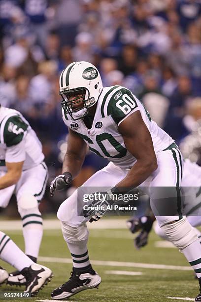 Tackle D'Brickashaw Ferguson of the New York Jets blocks against the Indianapolis Colts at Lucas Oil Stadium on December 27, 2009 in Indianapolis,...