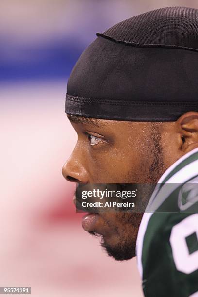 Linebacker Calvin Pace of the New York Jets watches the action against the Indianapolis Colts at Lucas Oil Stadium on December 27, 2009 in...