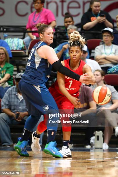 Alix of the Washington Mystics passes the ball against the Minnesota Lynx during a pre-season game on May 6, 2018 at the Wells Fargo Arena in Des...