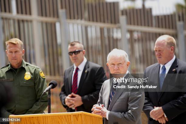 Attorney General Jeff Sessions addresses the media during a press conference at Border Field State Park on May 7, 2018 in San Ysidro, CA. Sessions...