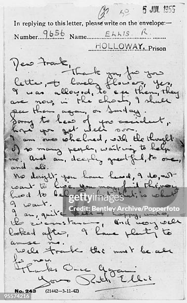 Letter from Ruth Ellis to Frank Neale, sent from Holloway Prison in London, to thank him for a bouquet of flowers, 5th July 1955. Ellis was executed...