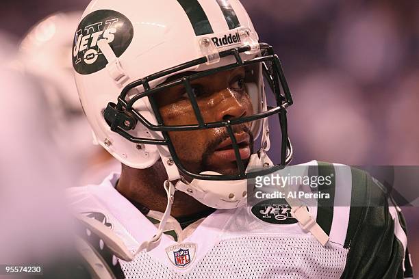 Wide Receiver Braylon Edwards of the New York Jets watches the action against the Indianapolis Colts at Lucas Oil Stadium on December 27, 2009 in...