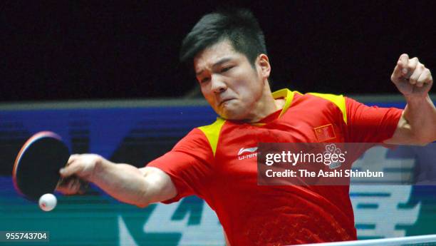 Fan Zhendong of China competes against Ruwen Filus of Germany in the Men's final between China and Germany on day eight of the World Team Table...
