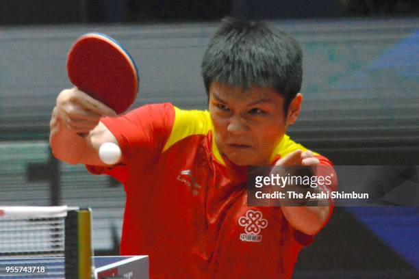 Fan Zhendong of China competes against Ruwen Filus of Germany in the Men's final between China and Germany on day eight of the World Team Table...