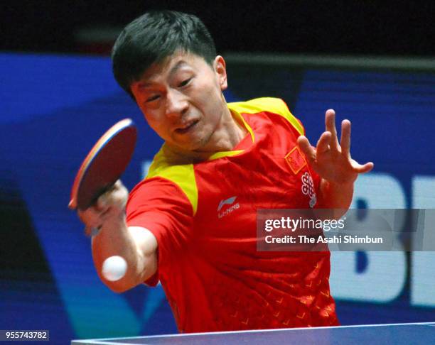 Ma Long of China competes against Timo Boll of Germany in the Men's final between China and Germany on day eight of the World Team Table Tennis...