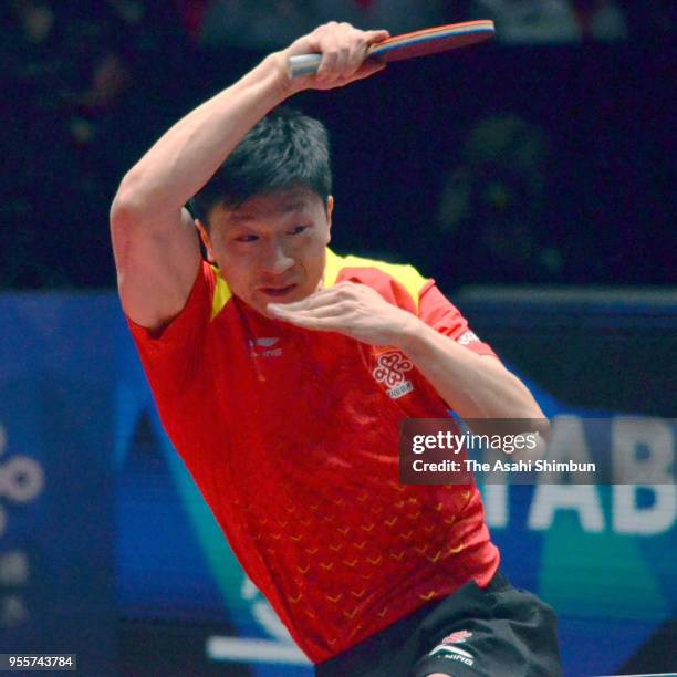 Ma Long of China competes against Timo Boll of Germany in the Men's final between China and Germany on day eight of the World Team Table Tennis...