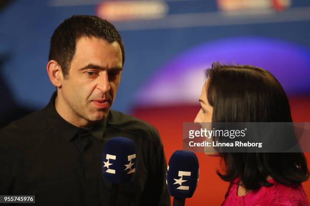 Ronnie O'Sullivan is being inerviewed by Rachel Casey and Eurosport ahead of the fourth session of the final between Mark Williams of Wales and John...