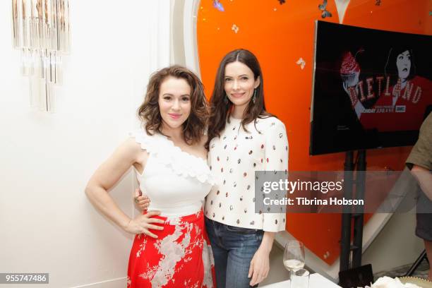 Alyssa Milano and Bitsie Tulloch attend an intimate luncheon with Joy Nash, Marti Noxon and Aisha Tyler hosted by AMC in Celebration of their New...