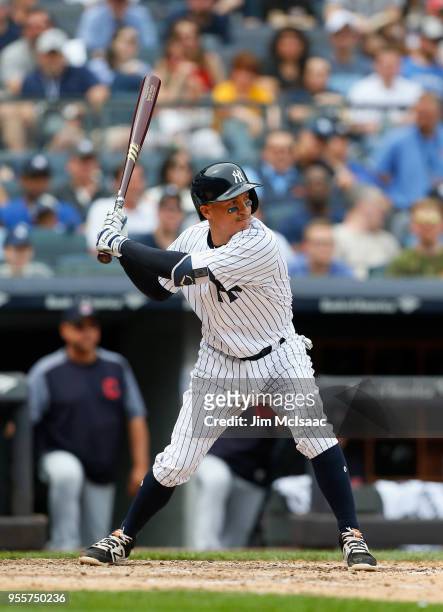 Ronald Torreyes of the New York Yankees in action against the Cleveland Indians at Yankee Stadium on May 5, 2018 in the Bronx borough of New York...