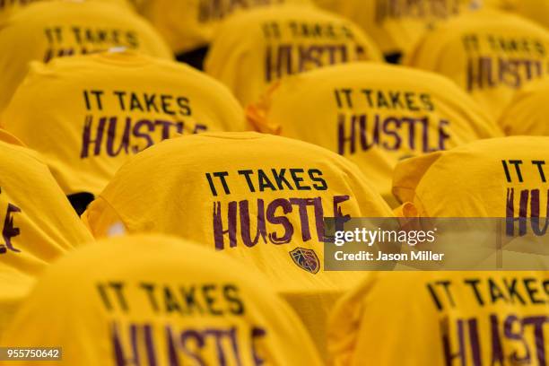 Souvenir t-shirts for fans blanket the seats prior to of Game 4 of the second round of the Eastern Conference playoffs between the Cleveland...