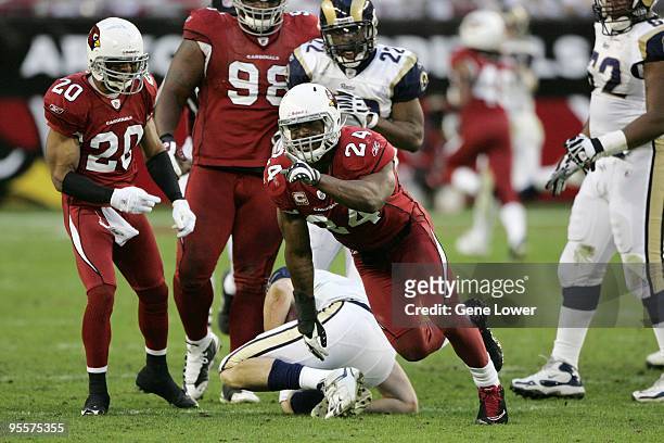 Arizona Cardinals safety Adrian Wilson celebrates a sack to total 20.5 sacks in his career with 20+ interceptions, joining the 20/20 club during a...