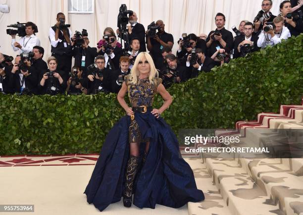 Donatella Versace arrives for the 2018 Met Gala on May 7 at the Metropolitan Museum of Art in New York. - The Gala raises money for the Metropolitan...