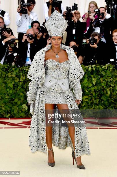 Rihanna attends the Heavenly Bodies: Fashion & The Catholic Imagination Costume Institute Gala at The Metropolitan Museum of Art on May 7, 2018 in...