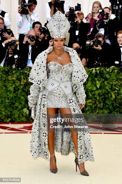 Rihanna attends the Heavenly Bodies: Fashion & The Catholic Imagination Costume Institute Gala at The Metropolitan Museum of Art on May 7, 2018 in...