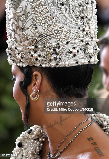Rihanna, fashion detail, attends the Heavenly Bodies: Fashion & The Catholic Imagination Costume Institute Gala at The Metropolitan Museum of Art on...