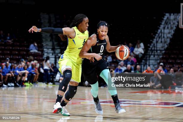 Marissa Coleman of the New York Liberty handles the ball against the Dallas Wings during a pre-season game on May 7, 2018 at Mohegan Sun Arena in...